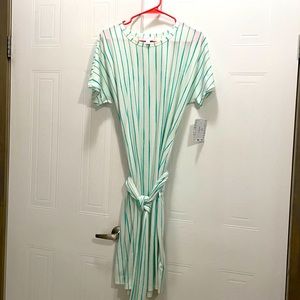 LuLaRoe Marly T-shirt dress with belt. Teal stripes on white. NWT